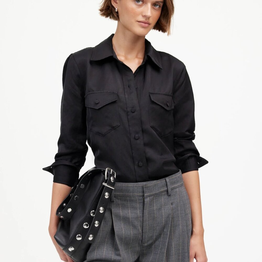 NWT MADEWELL Women's 12 Western Chic‎ Linen Blend Satin Black Button Up Shirt